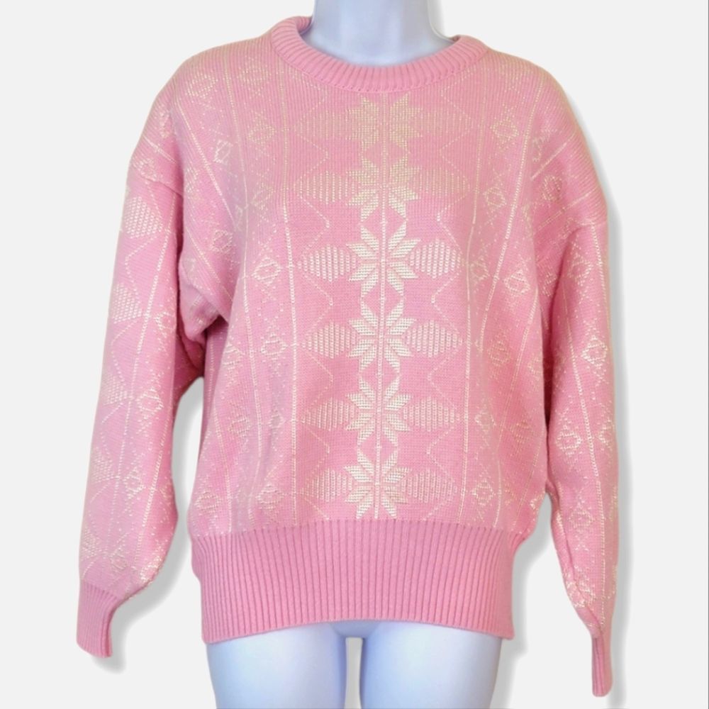 Demetre breast cancer rare 100% wool pink silver snowflake ski sweater